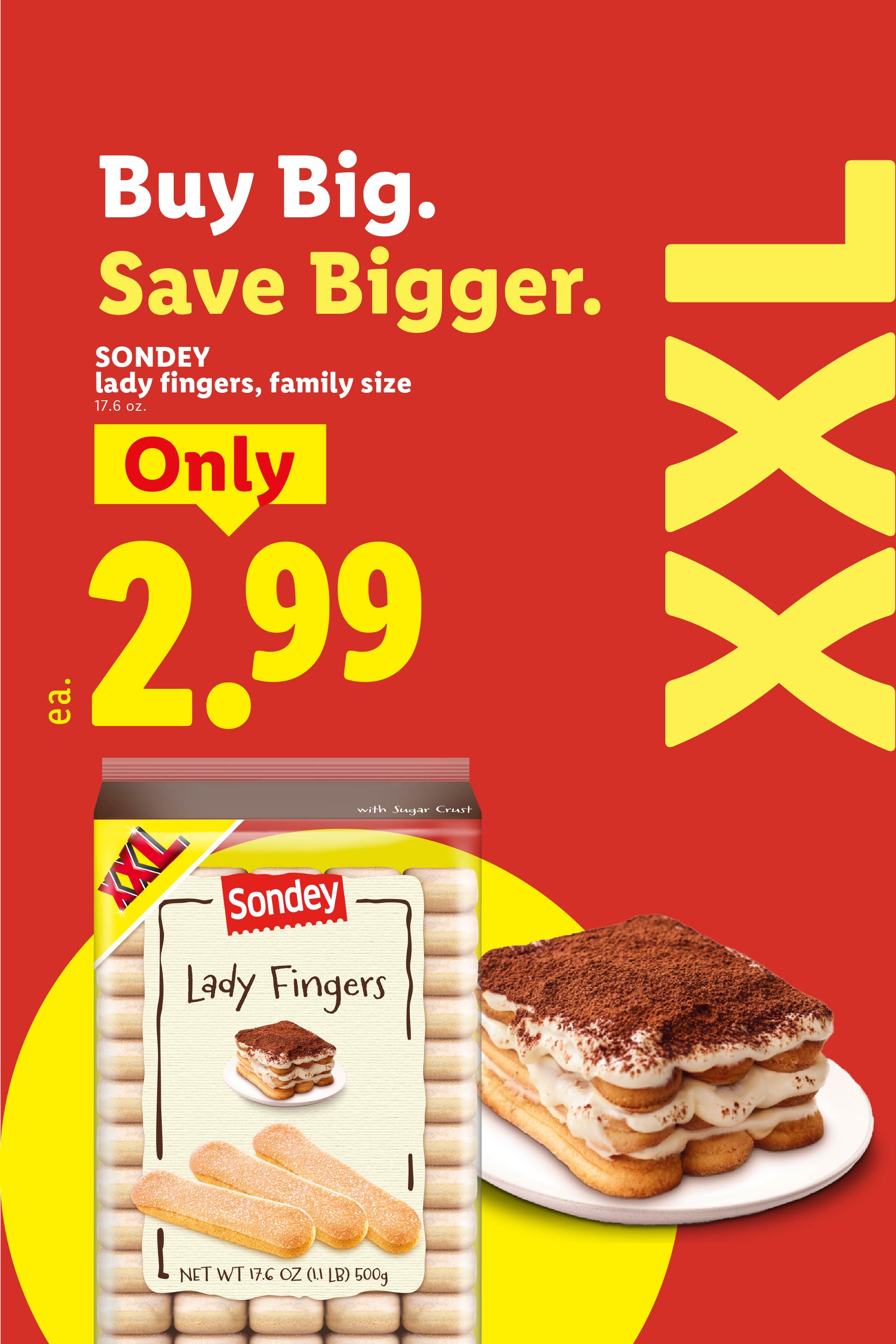 Family size lady fingers for 2.99 with a tiramisu dessert on a red background.