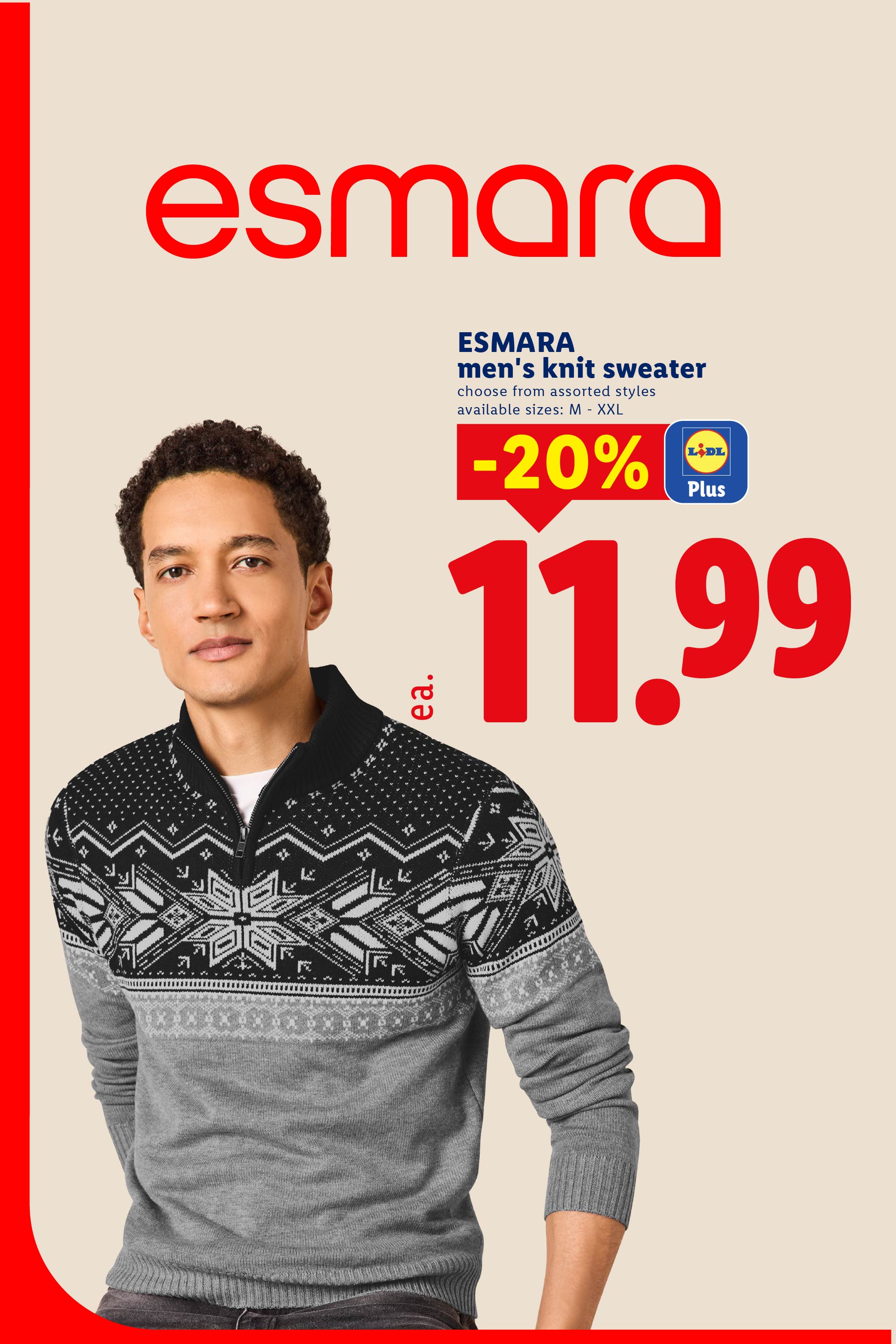 A men's knit sweater with a Nordic pattern, on sale for 11.99.