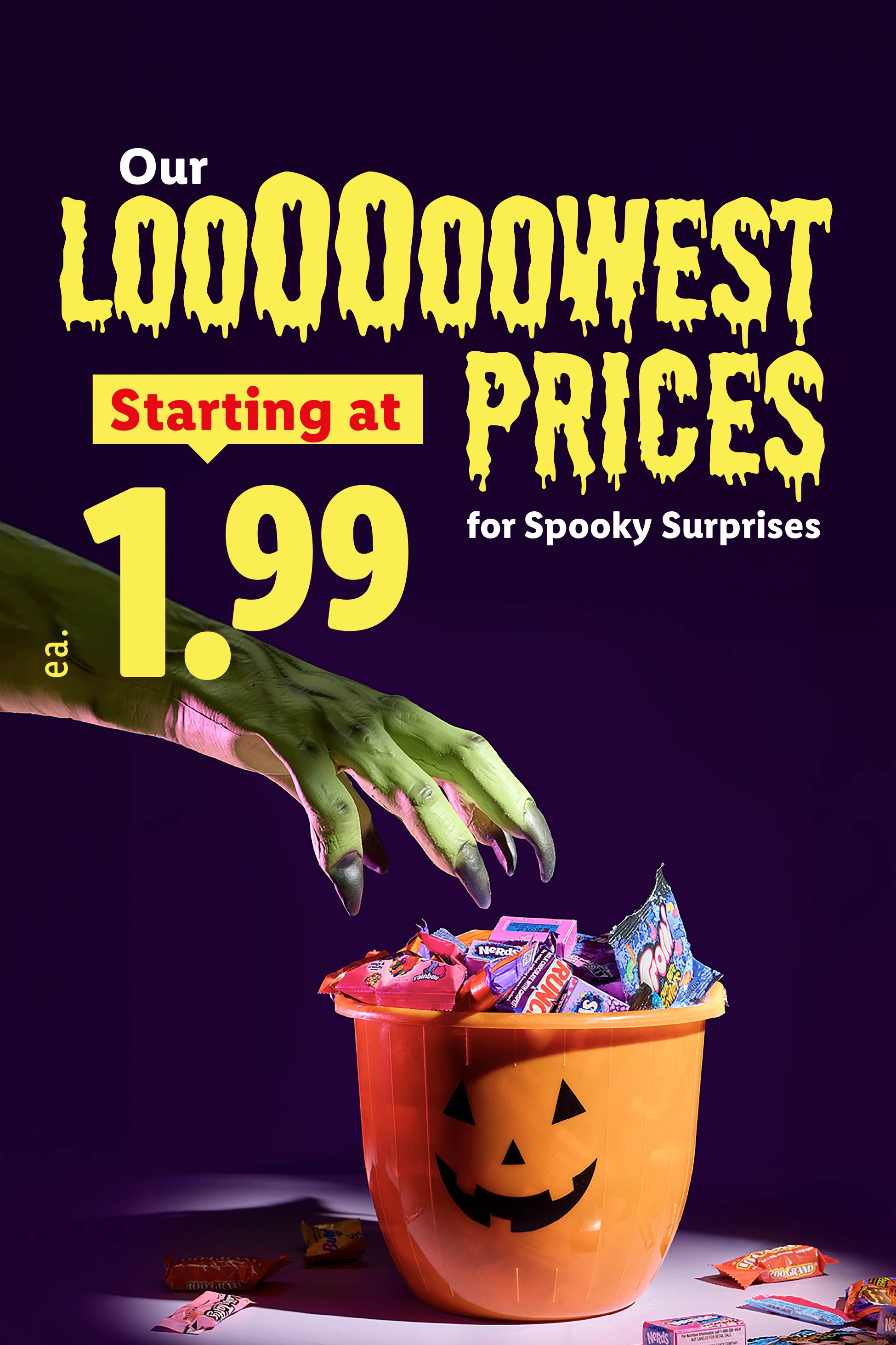 Halloween candy deal starting at 1.99 with a spooky green hand reaching for a pumpkin bucket.