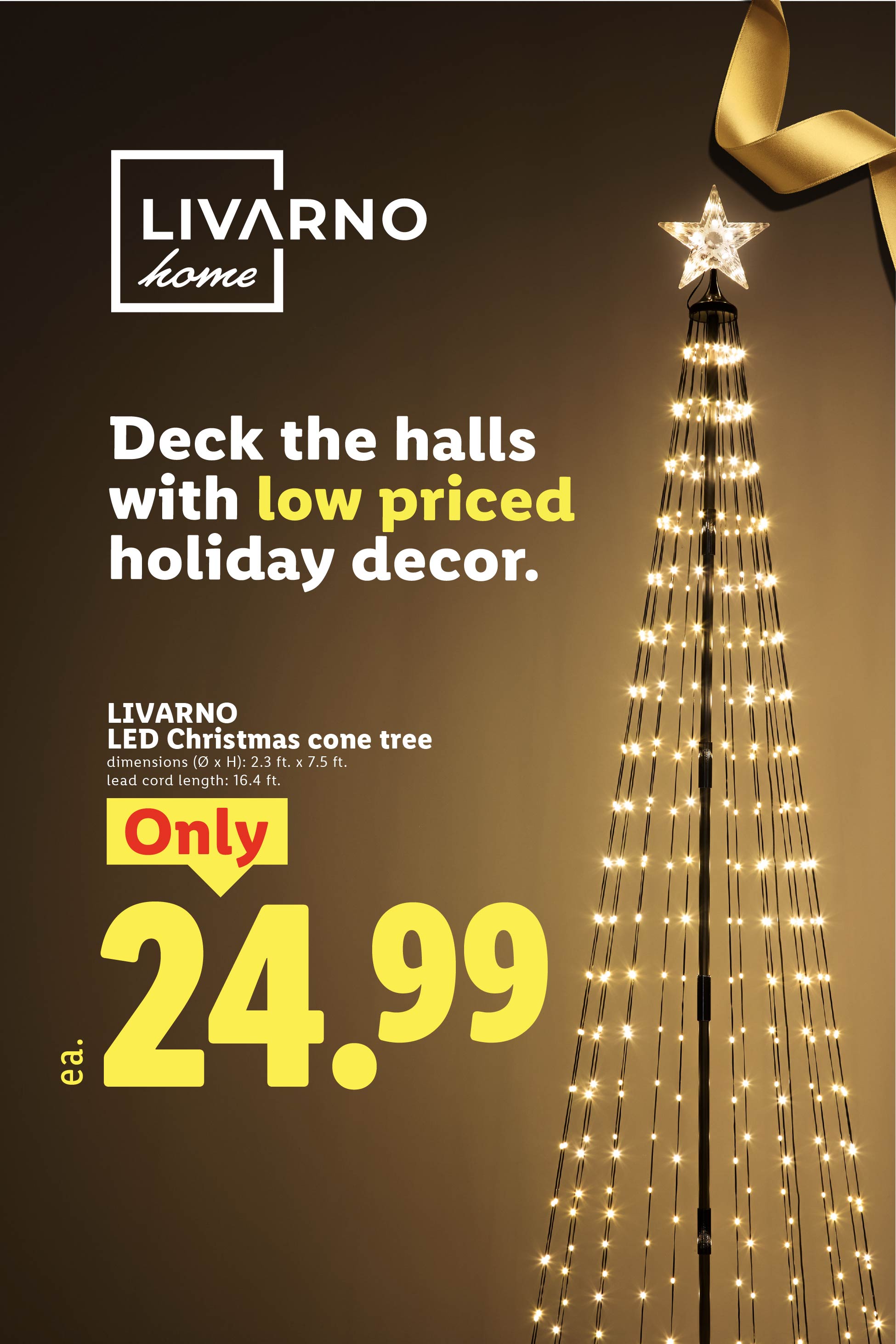 An LED Christmas cone tree with warm lights and a star topper, priced at 24.99.