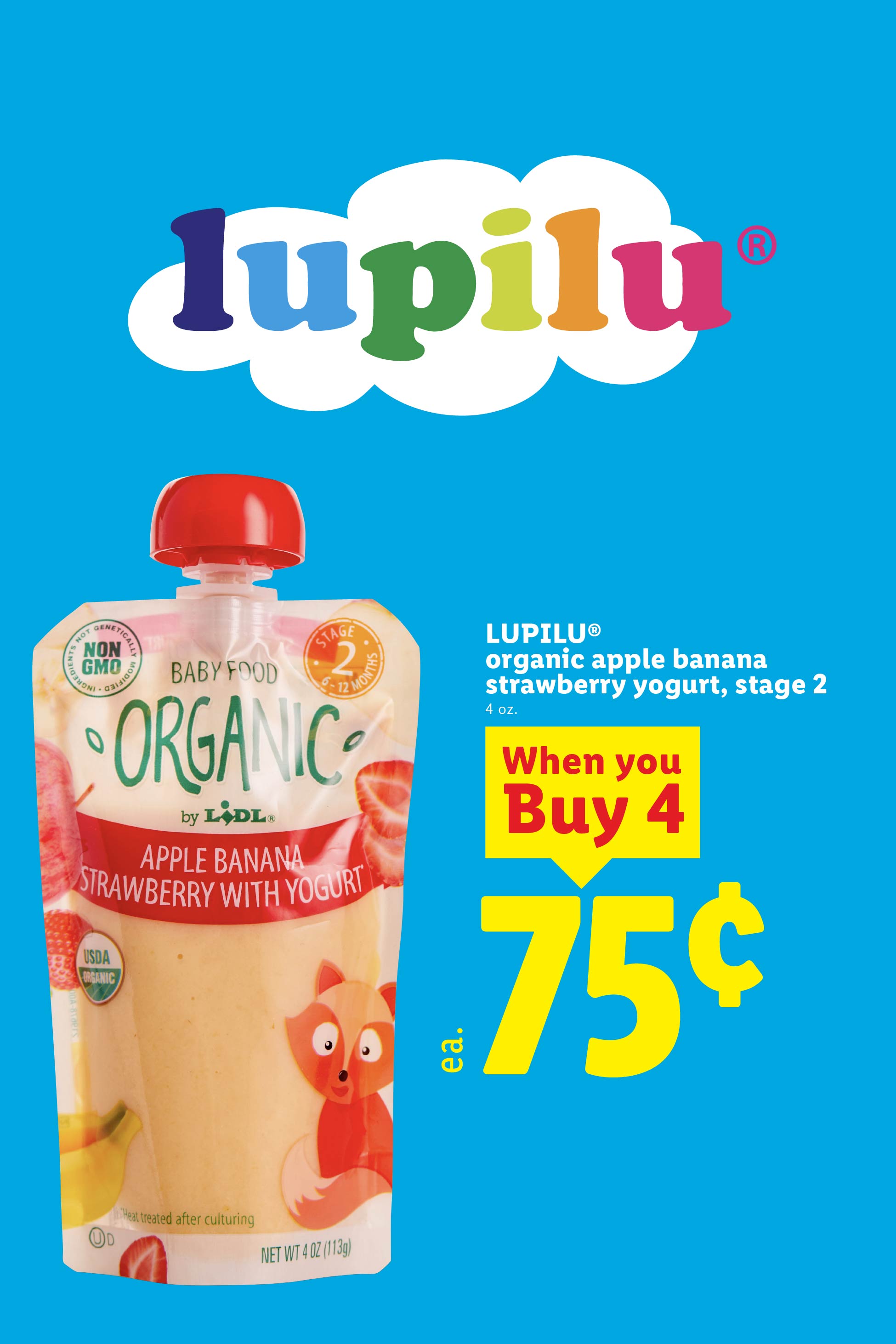 Organic apple banana strawberry yogurt baby food pouch on sale for 75 cents each when you buy 4.