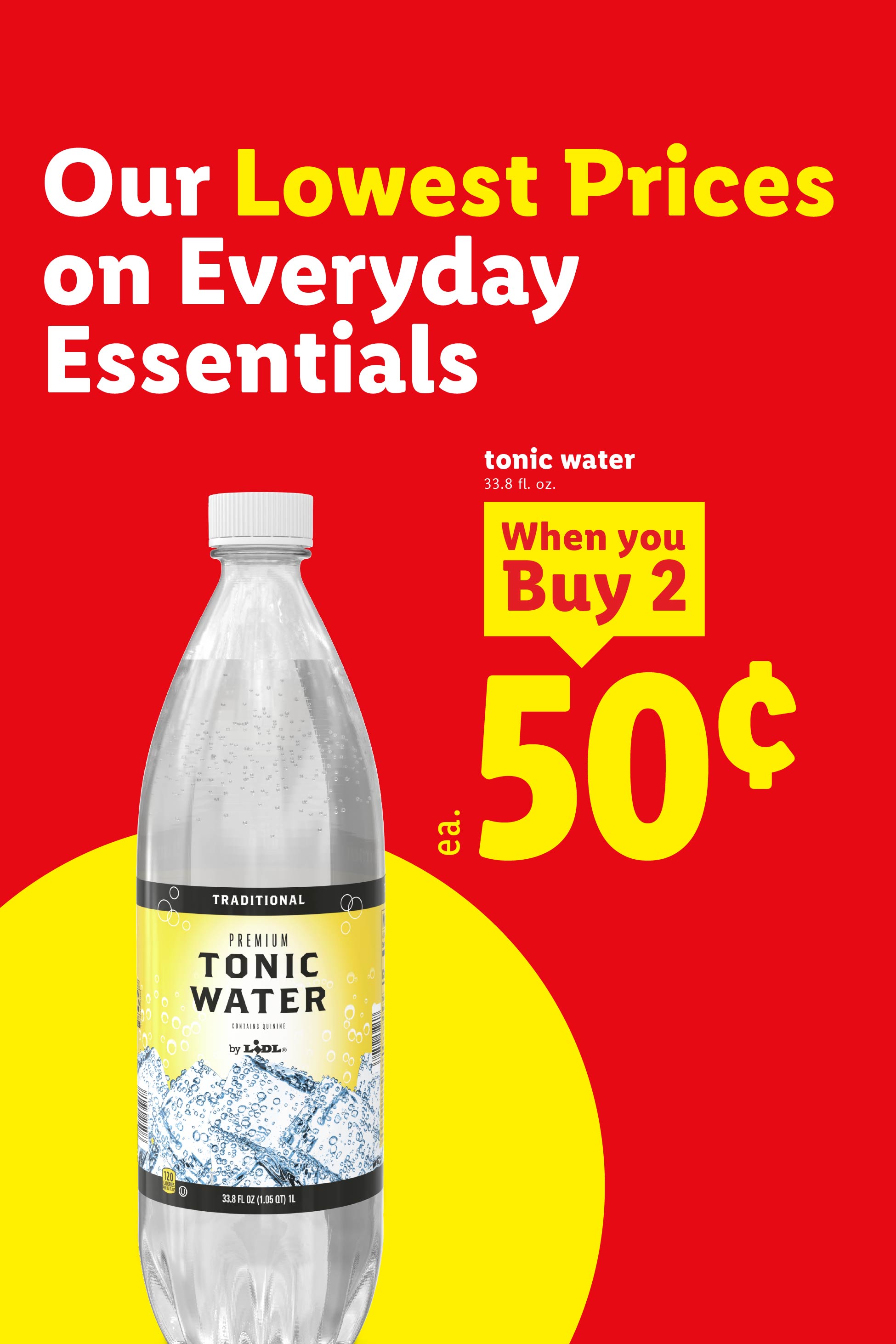 Tonic water bottle on a red background with a promotional price of 50 cents when you buy 2.